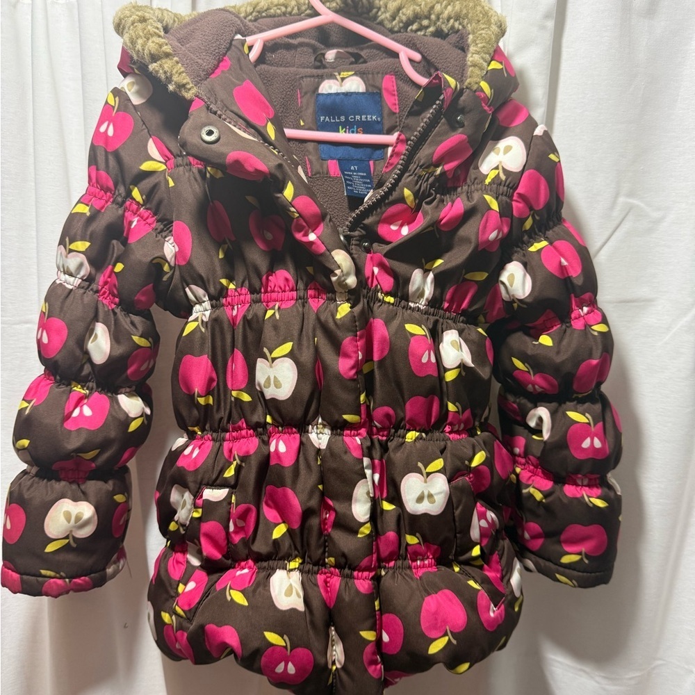 Falls Creek Brown Puffer Coat with Pink and White Apple Print